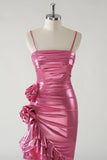 Fuchsia Mermaid Strapless Ruched 3D floral Metallic Prom Dress with Ruffled Slit