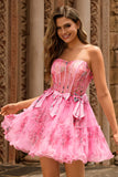 Pink A-Line Strapless Corset Short Floral Homecoming Dress with Bows