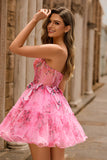Pink A-Line Strapless Corset Short Floral Homecoming Dress with Bows