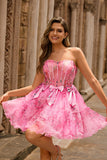 Pink A-Line Strapless Corset Short Floral Homecoming Dress with Bows