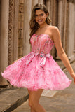 Pink A-Line Strapless Corset Short Floral Homecoming Dress with Bows