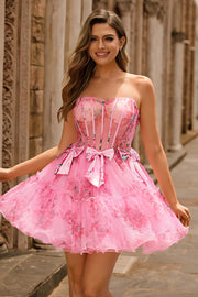 Pink A-Line Strapless Corset Short Floral Homecoming Dress with Bows