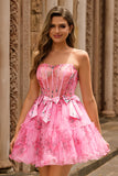 Pink A-Line Strapless Corset Short Floral Homecoming Dress with Bows