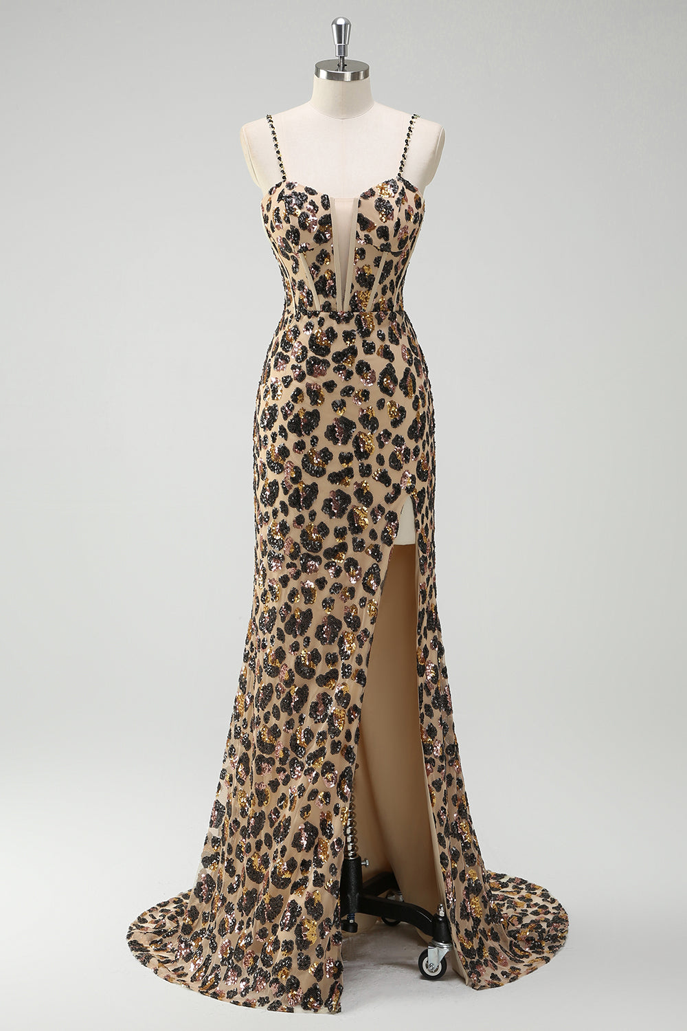 WEDTREND Women Khaki Leopard Prom Dress with Slit Mermaid Sparkly Sequins Spaghetti Straps Long Corset Evening Dress WEDTREND Women Khaki Leopard Prom Dress with Slit Mermaid Sparkly Sequins Spaghetti Straps Long Corset Evening Dress