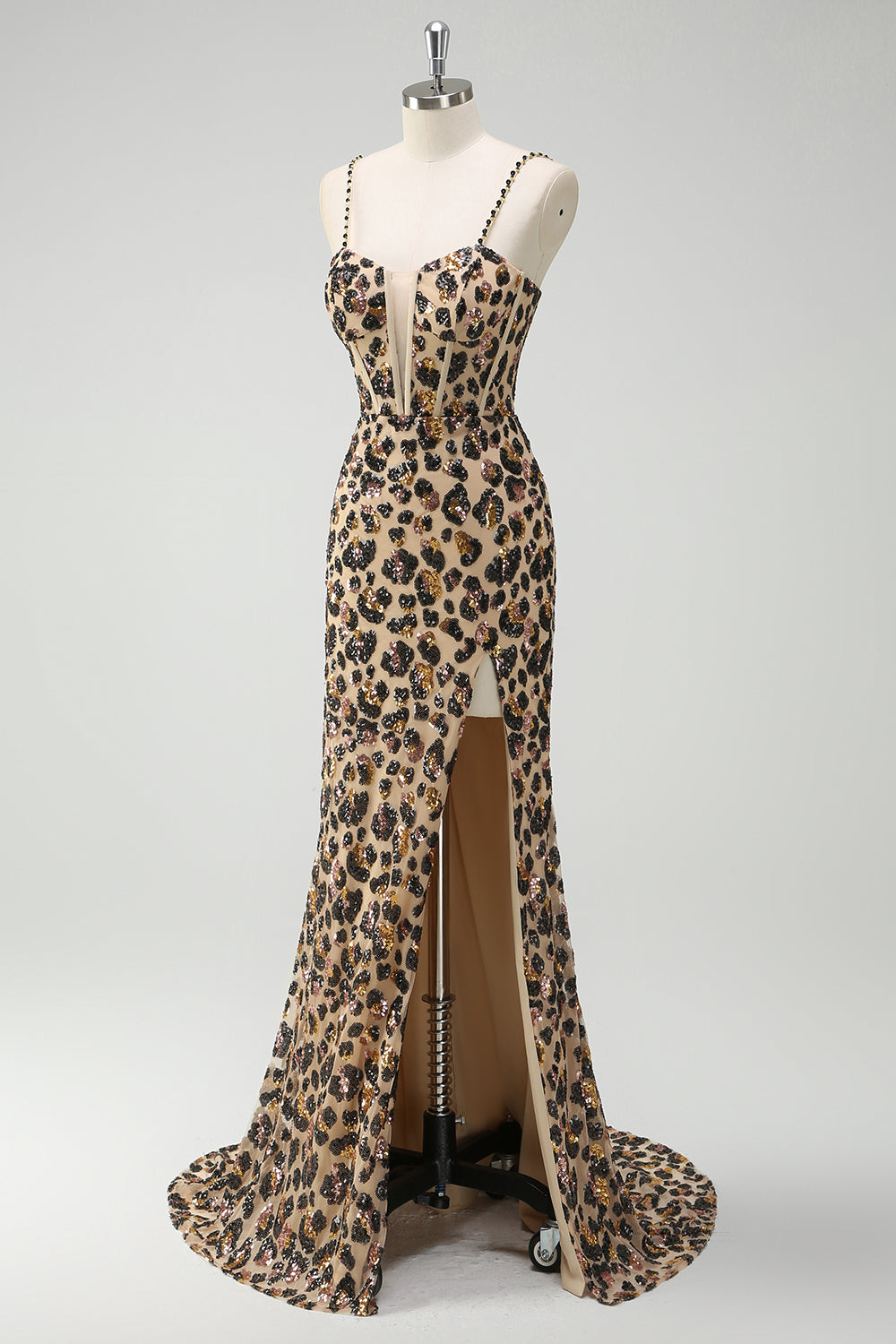 WEDTREND Women Khaki Leopard Prom Dress with Slit Mermaid Sparkly Sequins Spaghetti Straps Long Corset Evening Dress WEDTREND Women Khaki Leopard Prom Dress with Slit Mermaid Sparkly Sequins Spaghetti Straps Long Corset Evening Dress