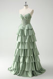 Green Princess Sweetheart Satin Tiered Corset Long Prom Dress with Slit