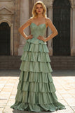 Green Princess Sweetheart Satin Tiered Corset Long Prom Dress with Slit