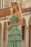 Green Princess Sweetheart Satin Tiered Corset Long Prom Dress with Slit