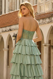 Green Princess Sweetheart Satin Tiered Corset Long Prom Dress with Slit