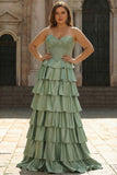 Green Princess Sweetheart Satin Tiered Corset Long Plus Size Prom Dress with Slit
