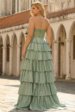 Green Princess Sweetheart Satin Tiered Corset Long Plus Size Prom Dress with Slit