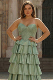 Green Princess Sweetheart Satin Tiered Corset Long Plus Size Prom Dress with Slit
