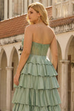 Green Princess Sweetheart Satin Tiered Corset Long Plus Size Prom Dress with Slit