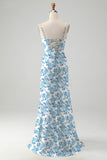 White Blue Flower A-Line Cowl Neck Printed Long Bridesmaid Dress With Slit