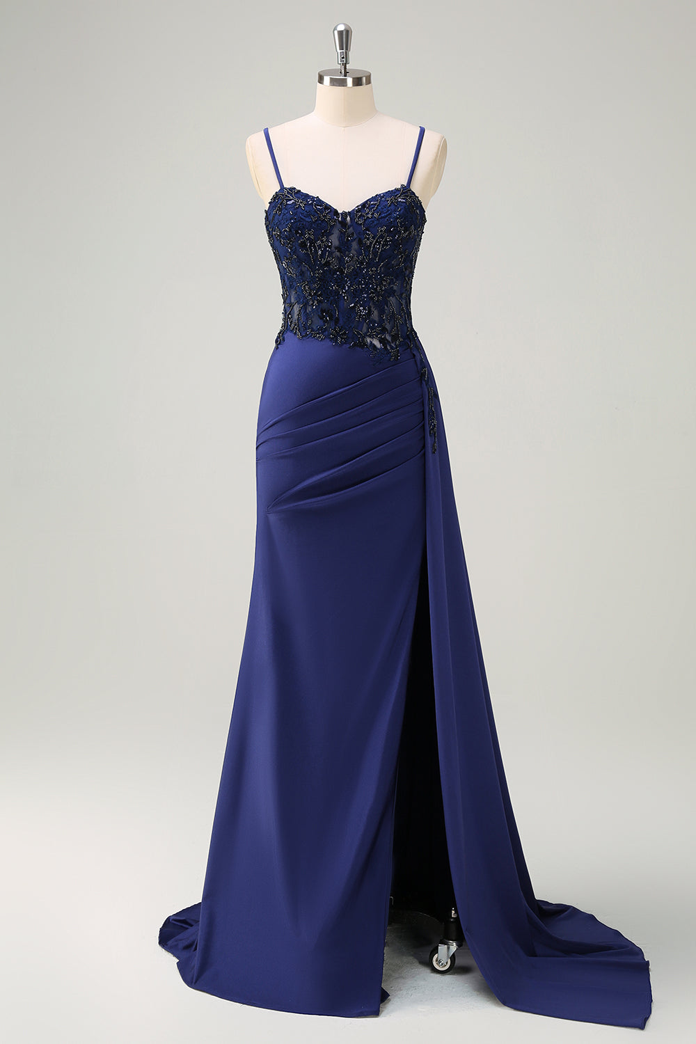 Wedtrend Women Navy Long Prom Dress with Streamer Mermaid Spaghetti Straps Ruched Formal Dress with Slit WEDTREND Wedtrend Women Navy Long Prom Dress with Streamer Mermaid Spaghetti Straps Ruched Formal Dress with Slit WEDTREND