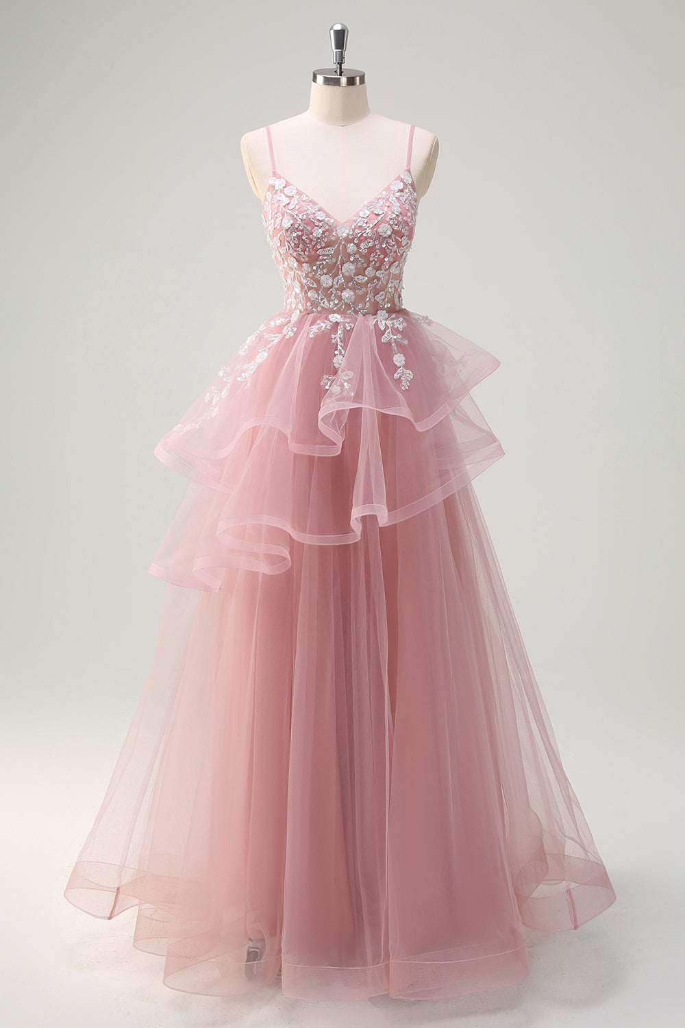 grey and pink maxi dress Gray A-Line V Neck Tulle Lace Applique Long Prom Dress, Gray Evening Dress US 2 / Gray