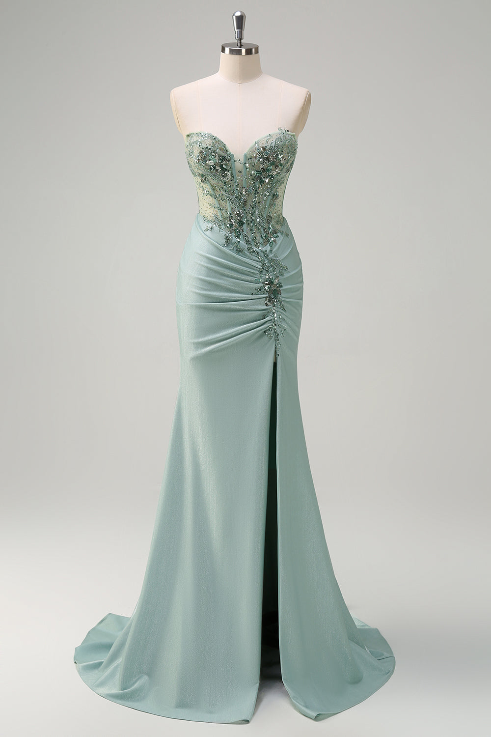 Wedtrend Women Sparkly Grey Green Strapless Prom Dress with Slit Mermaid Sequin Corset Ruched Formal Dress with Lace Up Back WEDTREND Wedtrend Women Sparkly Grey Green Strapless Prom Dress with Slit Mermaid Sequin Corset Ruched Formal Dress with Lace Up Back WEDTREND