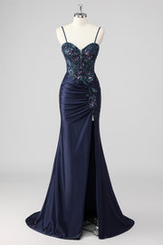 Sparkly Navy Mermaid Spaghetti Straps Sequins Ruched Prom Dress with Slit