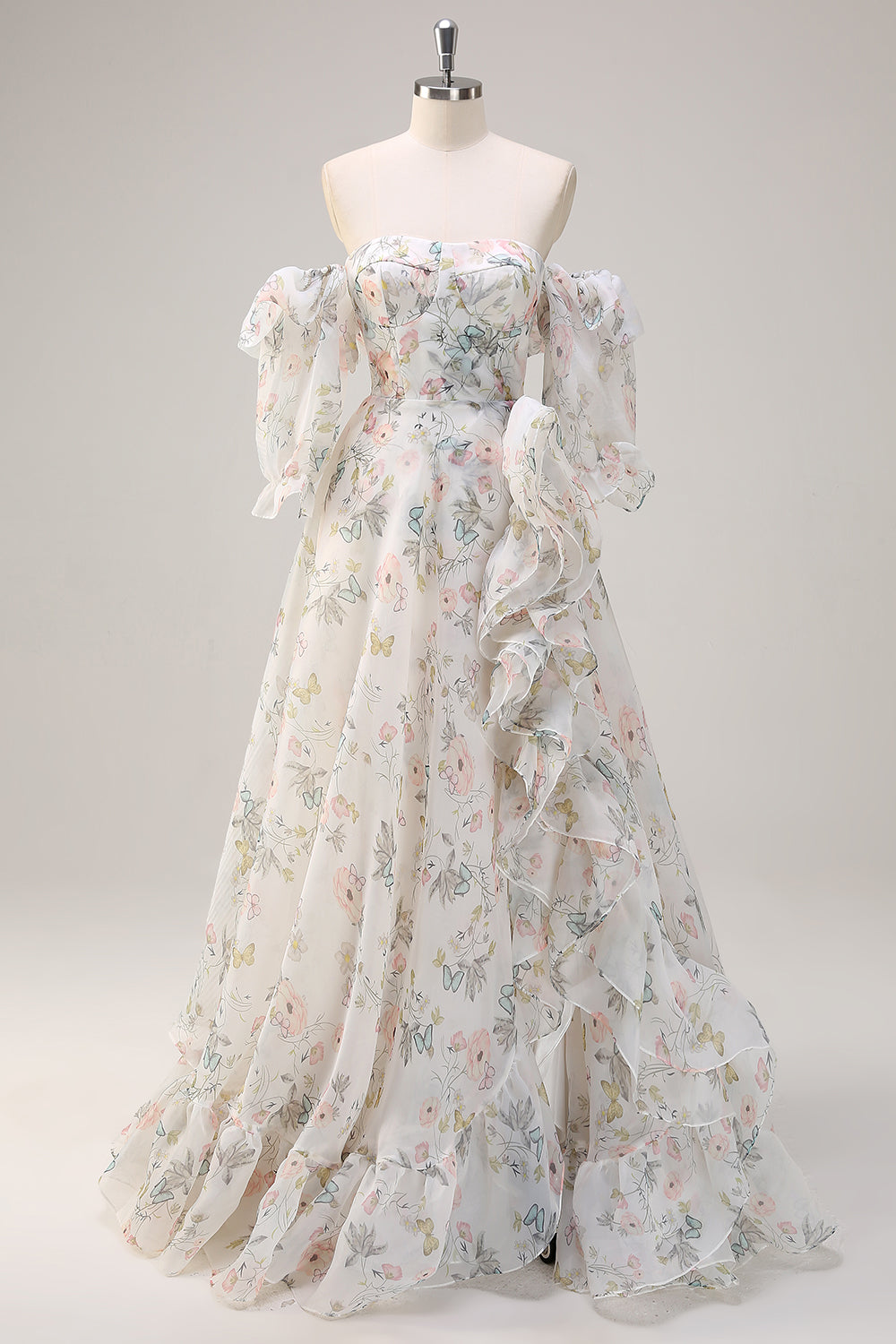 Wedtrend Women White Floral Wedding Dress A Line Off The Shoulder Print Long Prom Dress with Ruffle Slit, White Floral / US14 Wedtrend Women White Floral Wedding Dress A Line Off The Shoulder Print Long Prom Dress with Ruffle Slit, White Floral / US14