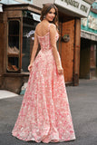 Princess Off The Shoulder Pink Floral Corset Maxi Prom Dress with Slit