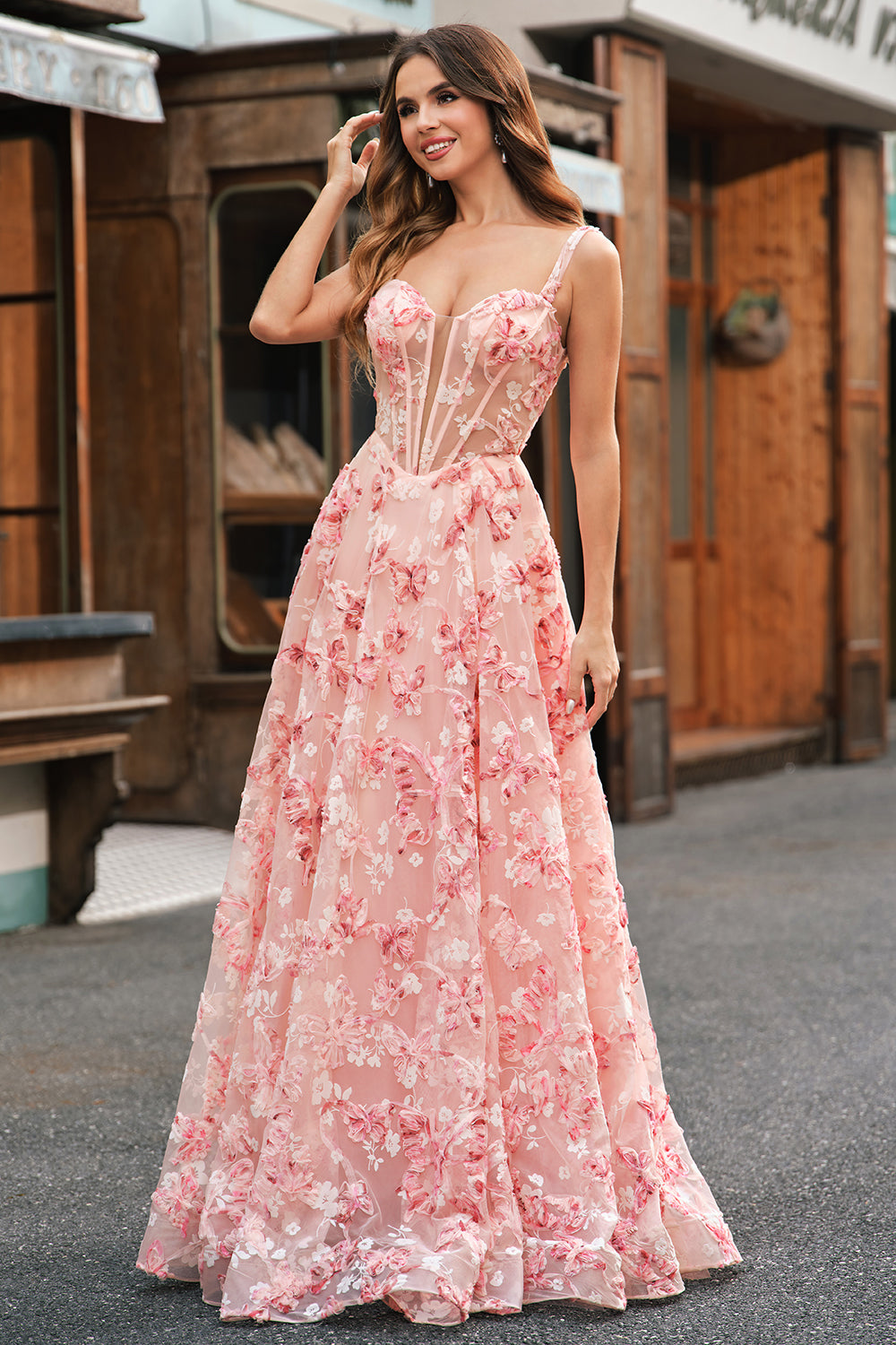 WEDTREND Women Pink Floral Prom Dress with Slit A-Line Off The Shoulder Corset Formal Dress with 3D Butterflies WEDTREND Women Pink Floral Prom Dress with Slit A-Line Off The Shoulder Corset Formal Dress with 3D Butterflies