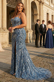 Mermaid Sparkly Twilight Spaghetti Straps Beaded Long Sequin Plus Size Prom Dress with Slit