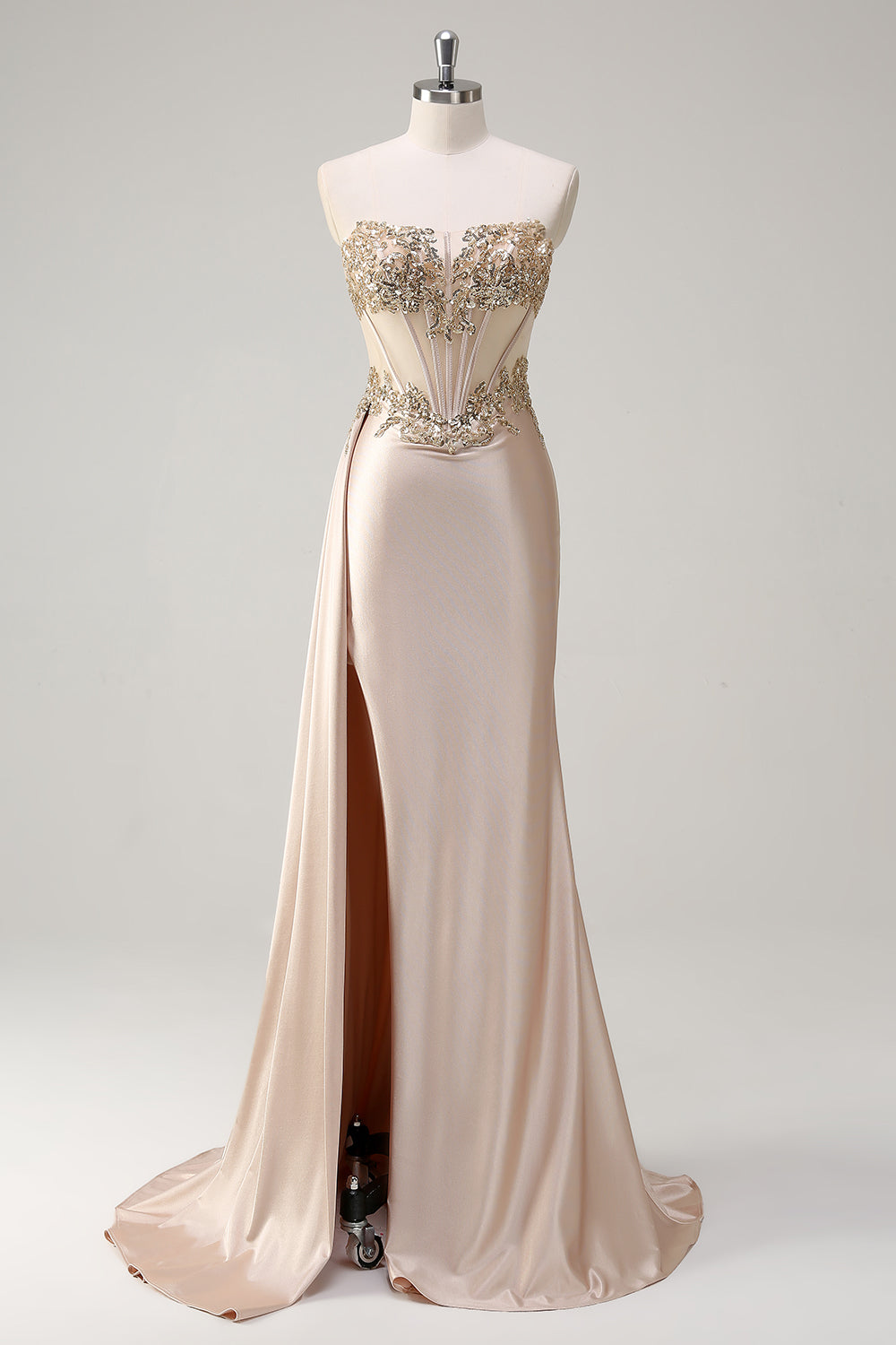 Wedtrend Women Sparkly Champagne Corset Long Prom Dress with Slit Strapless Mermaid Streamer Sequin Formal Dress, Champagne / US16W Wedtrend Women Sparkly Champagne Corset Long Prom Dress with Slit Strapless Mermaid Streamer Sequin Formal Dress, Champagne / US16W