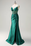 Sparkly Dark Green Mermaid Spaghetti Straps Corset Beaded Long Prom Dress with Slit