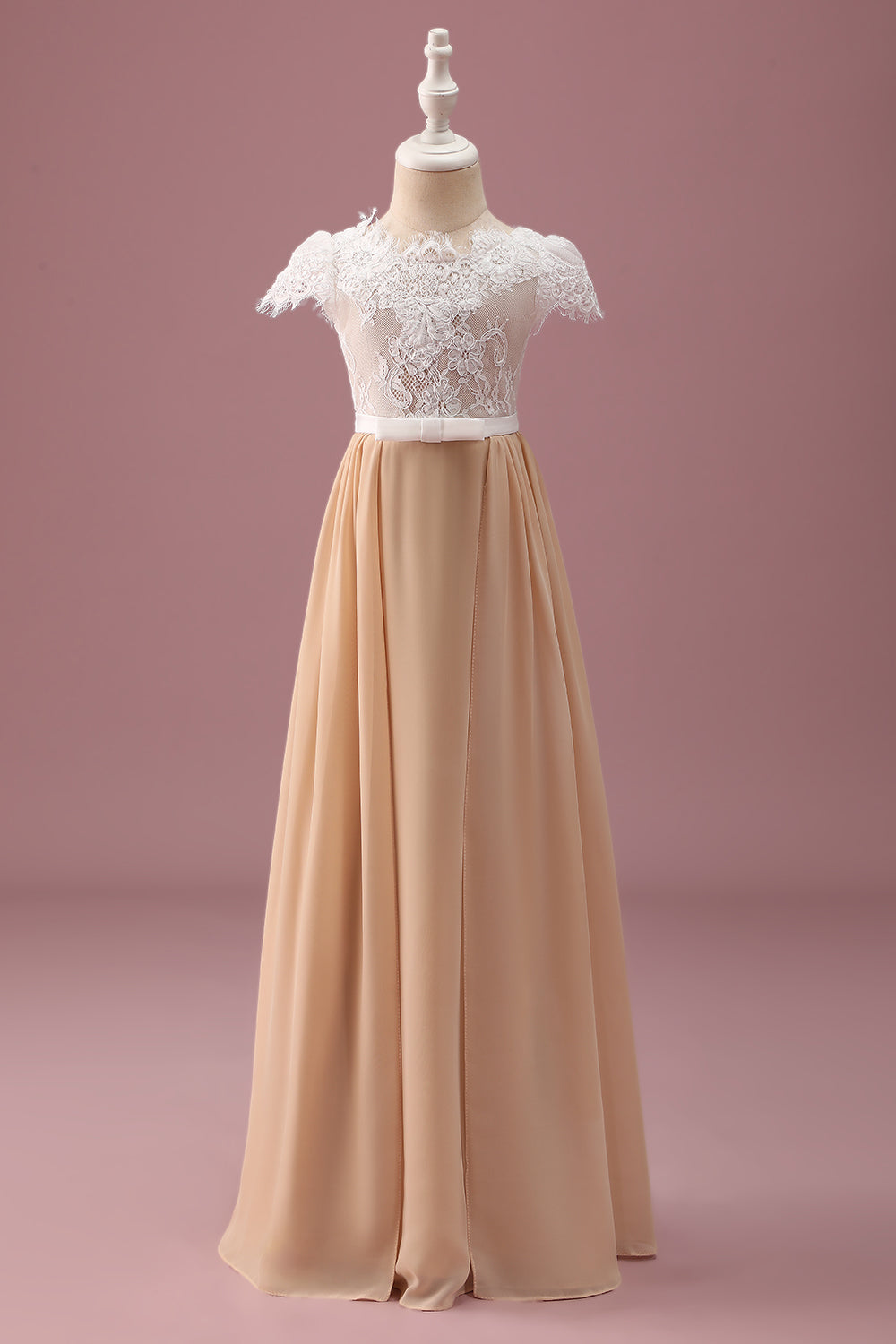 Wedtrend Women Champagne Junior Bridesmaid Dress With Short Sleeves A Line Lace Ruched Wedding Guest Dress WEDTREND Wedtrend Women Champagne Junior Bridesmaid Dress With Short Sleeves A Line Lace Ruched Wedding Guest Dress WEDTREND
