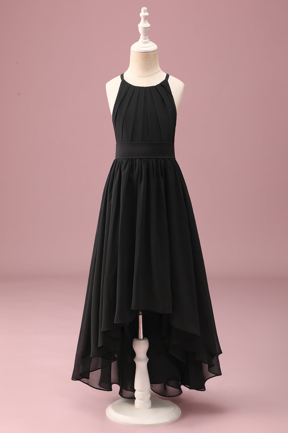 Wedtrend Women Black Junior Bridesmaid Dress with Belt Round Neck A Line Pleated High Low Chiffon Wedding Guest Dress WEDTREND Wedtrend Women Black Junior Bridesmaid Dress with Belt Round Neck A Line Pleated High Low Chiffon Wedding Guest Dress WEDTREND
