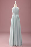 Mint A-Line Halter Pleated Long Junior Bridesmaid Dress