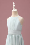 Mint A-Line Halter Pleated Long Junior Bridesmaid Dress