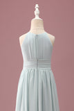 Mint A-Line Halter Pleated Long Junior Bridesmaid Dress