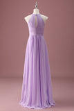 Lilac A Line Beaded Keyhole Halter Long Pleated Junior Bridesmaid Dress
