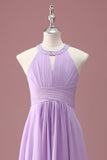 Lilac A Line Beaded Keyhole Halter Long Pleated Junior Bridesmaid Dress