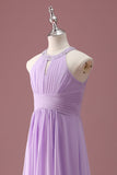 Lilac A Line Beaded Keyhole Halter Long Pleated Junior Bridesmaid Dress