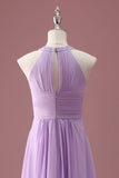 Lilac A Line Beaded Keyhole Halter Long Pleated Junior Bridesmaid Dress