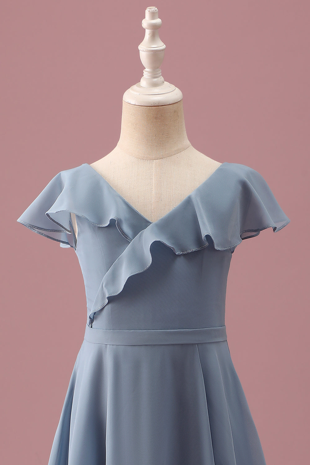 Wedtrend Women Dusty Blue Wrap Short Junior Bridesmaid Dress with Flutter Sleeves Chiffon V Neck Ruffle Tea-Length Wedding Guest Dress, Grey Blue / Wedtrend Women Dusty Blue Wrap Short Junior Bridesmaid Dress with Flutter Sleeves Chiffon V Neck Ruffle Tea-Length Wedding Guest Dress, Grey Blue /