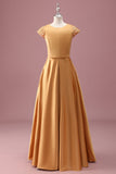Golden A Line Round Neck Chiffon Junior Bridesmaid Dress with Short Sleeves