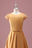 Golden A Line Round Neck Chiffon Junior Bridesmaid Dress with Short Sleeves