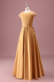 Golden A Line Round Neck Chiffon Junior Bridesmaid Dress with Short Sleeves