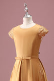 Golden A Line Round Neck Chiffon Junior Bridesmaid Dress with Short Sleeves