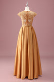 Golden A Line Round Neck Chiffon Junior Bridesmaid Dress with Short Sleeves