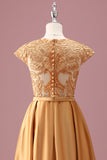 Golden A Line Round Neck Chiffon Junior Bridesmaid Dress with Short Sleeves
