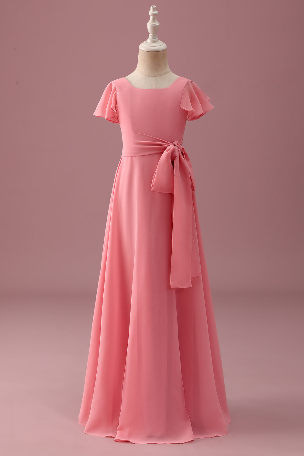 Wedtrend Women Coral Junior Bridesmaid Dress with Bowknot Chiffon Short Sleeves A Line Long Wedding Guest Dress WEDTREND Wedtrend Women Coral Junior Bridesmaid Dress with Bowknot Chiffon Short Sleeves A Line Long Wedding Guest Dress WEDTREND