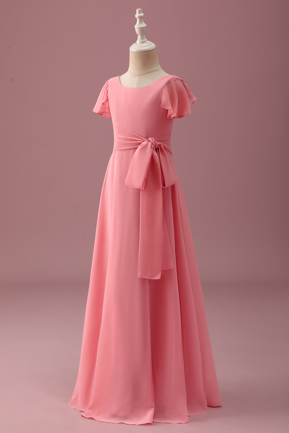 Wedtrend Women Coral Junior Bridesmaid Dress with Bowknot Chiffon Short Sleeves A Line Long Wedding Guest Dress, Coral / J6 Wedtrend Women Coral Junior Bridesmaid Dress with Bowknot Chiffon Short Sleeves A Line Long Wedding Guest Dress, Coral / J6