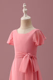 Coral A Line Chiffon Short Sleeves Junior Bridesmaid Dress with Bowknot