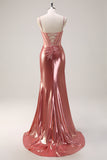 Blush Metallic Mermaid Spaghetti Straps Beaded Long Prom Dress with Slit