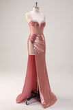 Blush Metallic Mermaid Spaghetti Straps Beaded Long Prom Dress with Slit