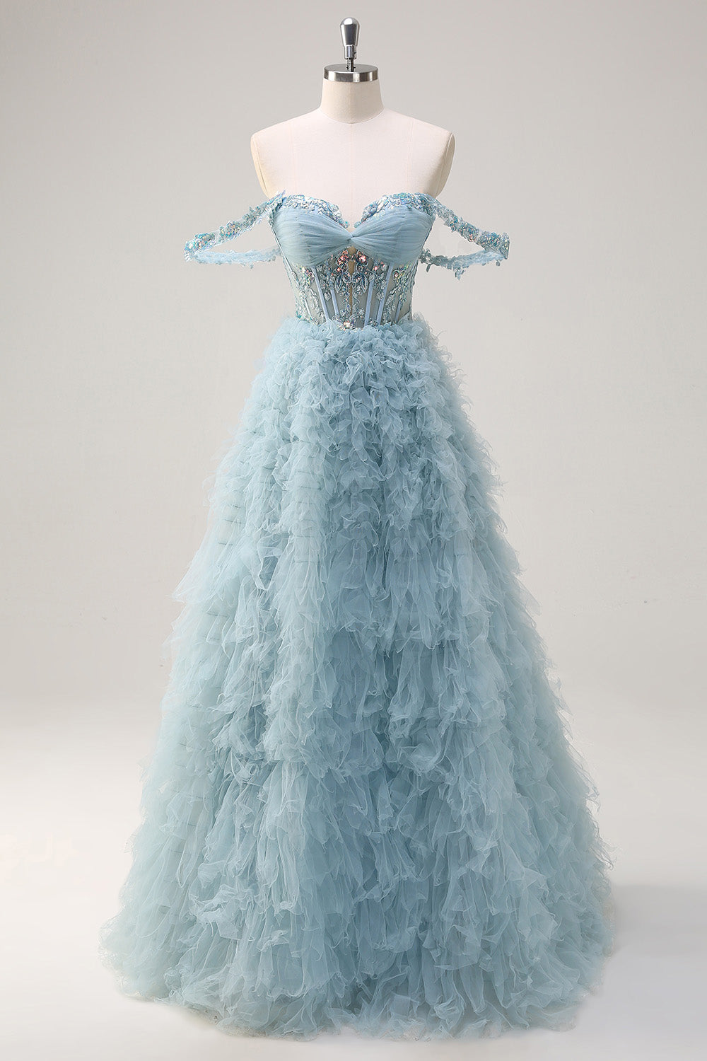 Wedtrend Women Princess Dusty Blue Long Prom Dress with Ruffles Off the Shoulder Sequin Corset Evening Dress with Lace Up Back WEDTREND Wedtrend Women Princess Dusty Blue Long Prom Dress with Ruffles Off the Shoulder Sequin Corset Evening Dress with Lace Up Back WEDTREND